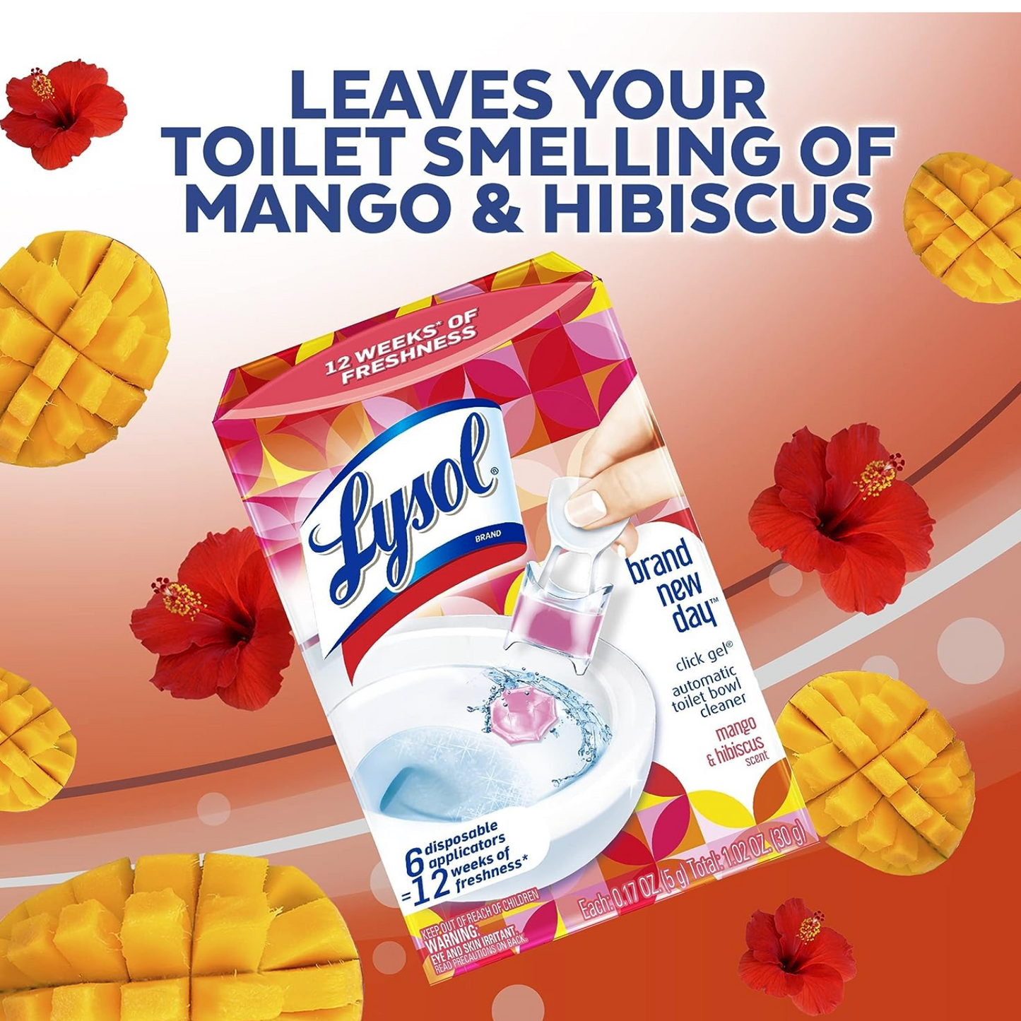 Lysol Click Gel Automatic Toilet Bowl Cleaner, Gel Toilet Bowl Cleaner, For Cleaning and Refreshing, Mango & Hibiscus, 6 applicators