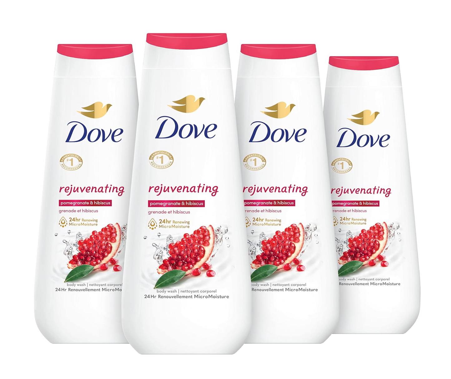 Dove Body Wash Rejuvenating Pomegranate & Hibiscus 4 Count for Renewed, Healthy-Looking Skin Gentle Skin Cleanser with 24hr Renewing MicroMoisture 20 oz