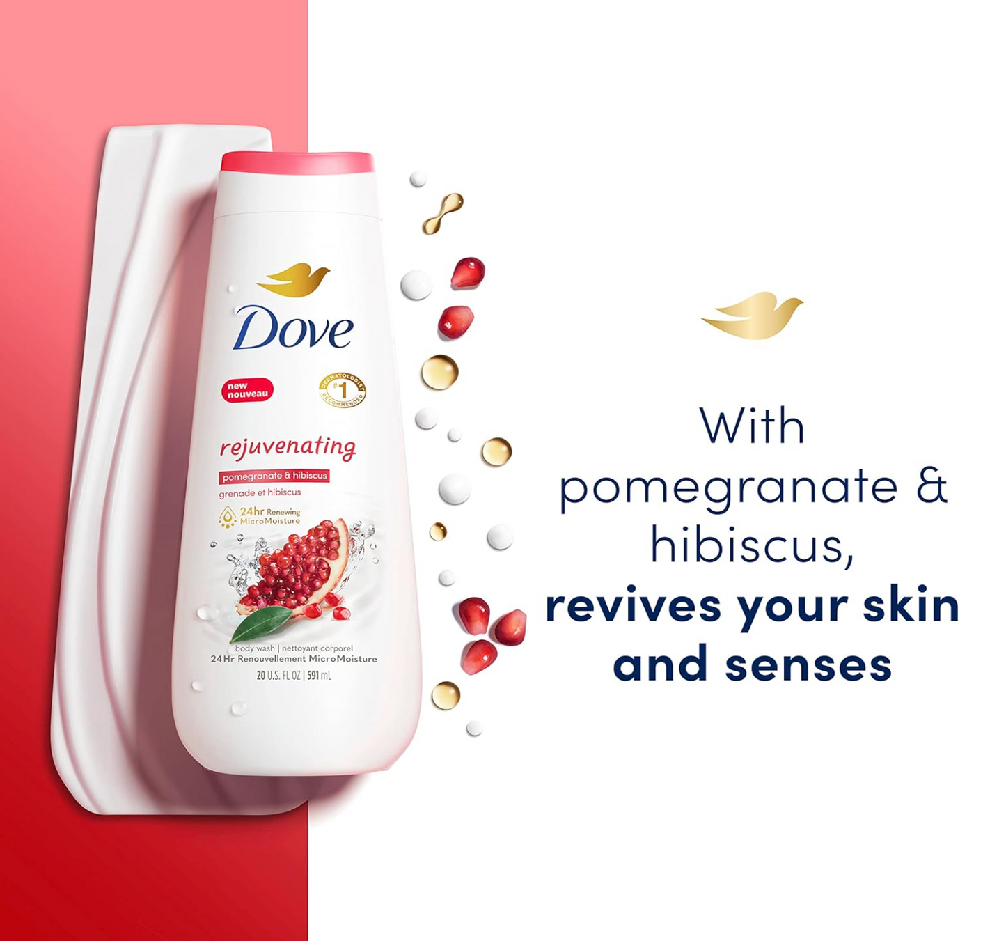 Dove Body Wash Rejuvenating Pomegranate & Hibiscus 4 Count for Renewed, Healthy-Looking Skin Gentle Skin Cleanser with 24hr Renewing MicroMoisture 20 oz