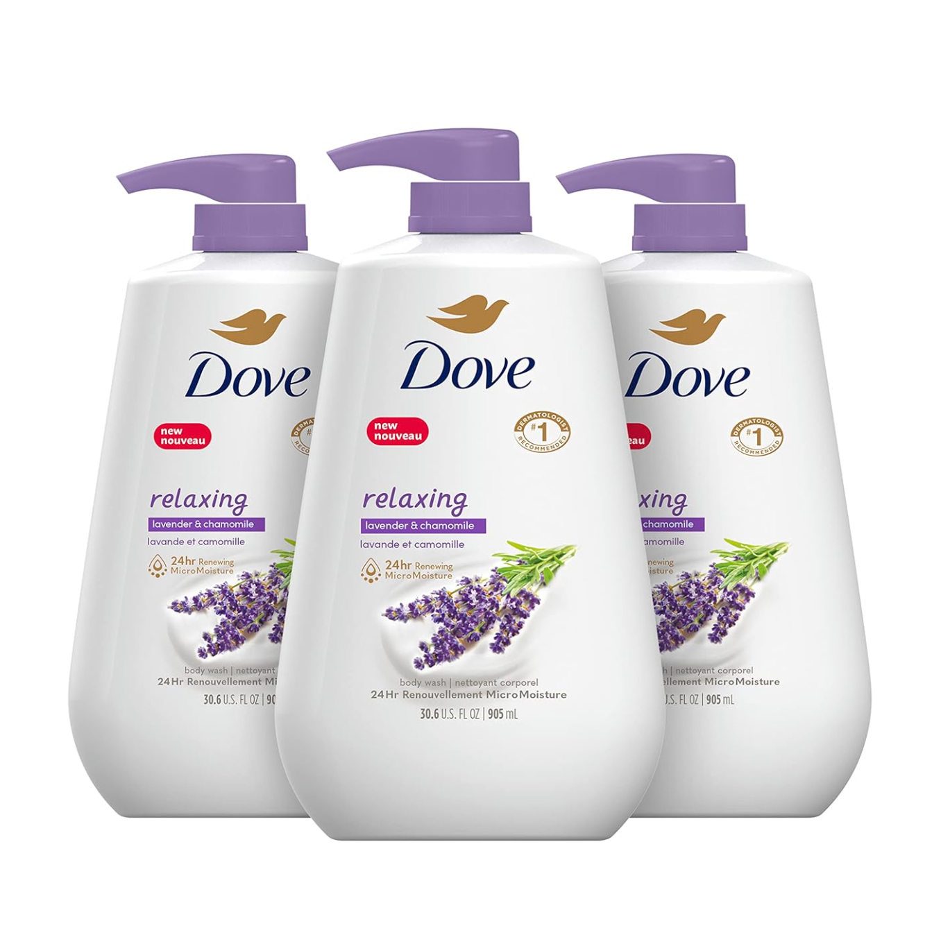 Dove Body Wash with Pump Relaxing Lavender Oil & Chamomile 3 Count for Renewed, Healthy-Looking Skin Gentle Skin Cleanser with 24hr Renewing MicroMoisture 30.6 oz