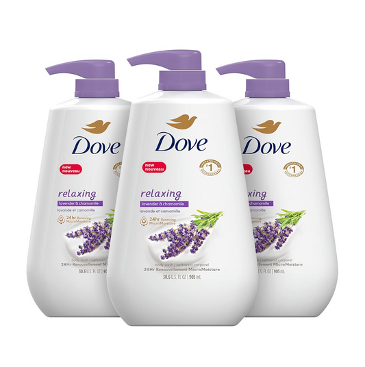 Dove Body Wash with Pump Relaxing Lavender Oil & Chamomile 3 Count for Renewed, Healthy-Looking Skin Gentle Skin Cleanser with 24hr Renewing MicroMoisture 30.6 oz