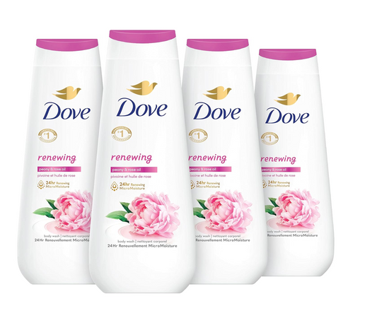 Dove Body Wash Renewing Peony and Rose Oil 4 Count for Renewed, Healthy-Looking Skin Gentle Skin Cleanser with 24hr Renewing MicroMoisture 20 oz