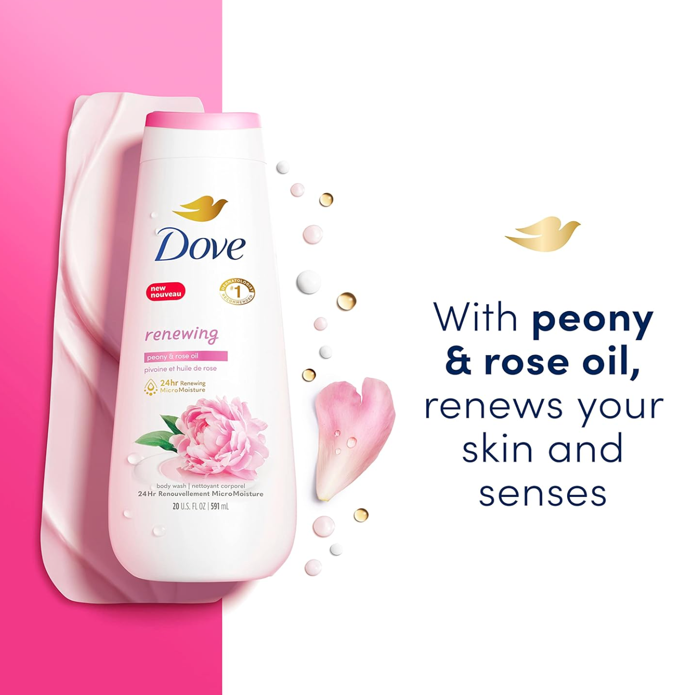 Dove Body Wash Renewing Peony and Rose Oil 4 Count for Renewed, Healthy-Looking Skin Gentle Skin Cleanser with 24hr Renewing MicroMoisture 20 oz